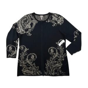 Chicos Cardigan Sweater Black Open Front Gold Paisley Scroll Elegant Comfy XXL
